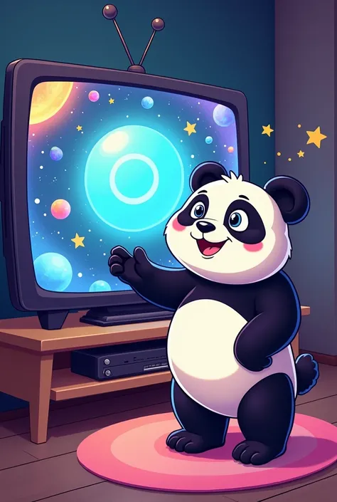 a very simple cartoon-style panda standing in front of a tv screen, presenting cosmic messages. the panda looks curious and exci...