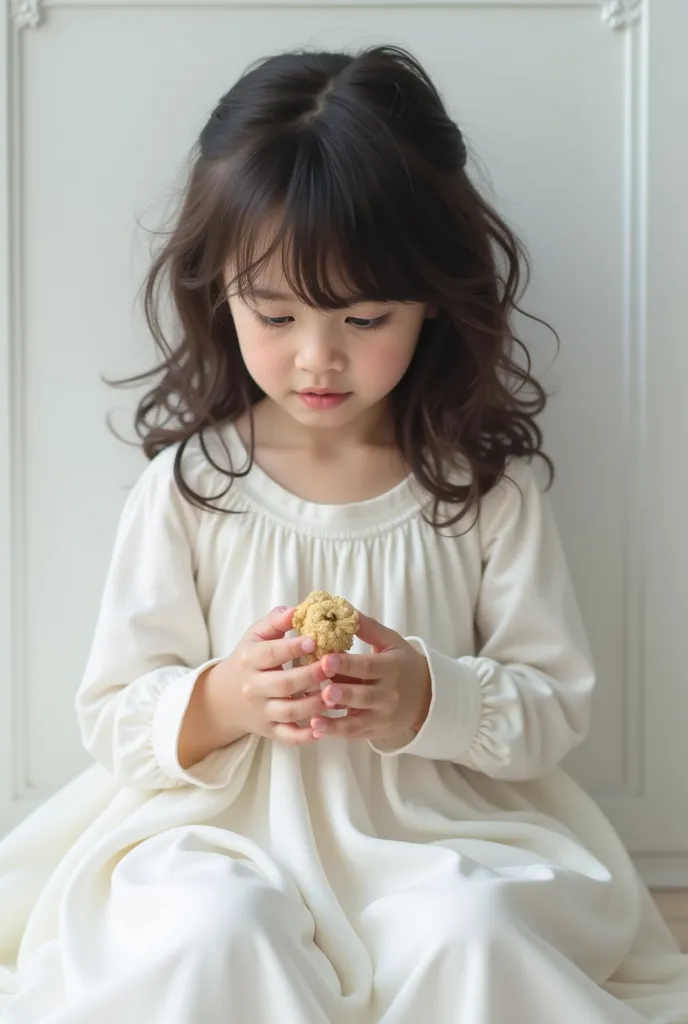 small , slavic appearance,girl, curly hair, in a white dress, sitting with a toy in her hands, white background, realistic photo