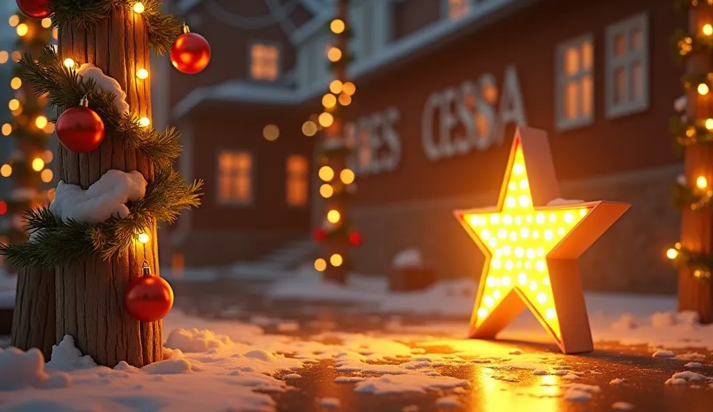 electric poles adorned with christmas lights and balls you have a luminous sign in the shape of a yellow star and inside the wal...