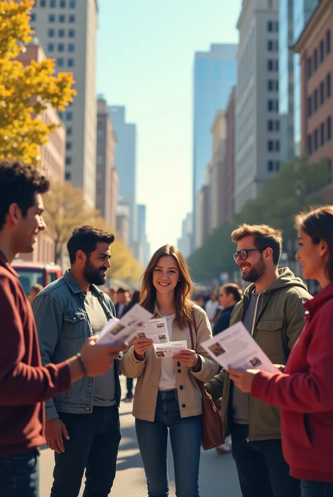 create a picture of people handing out leaflets