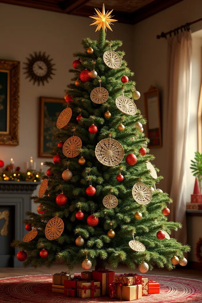 a traditional christmas tree with spheres and crafts from paraguay as screens,  ñanduti