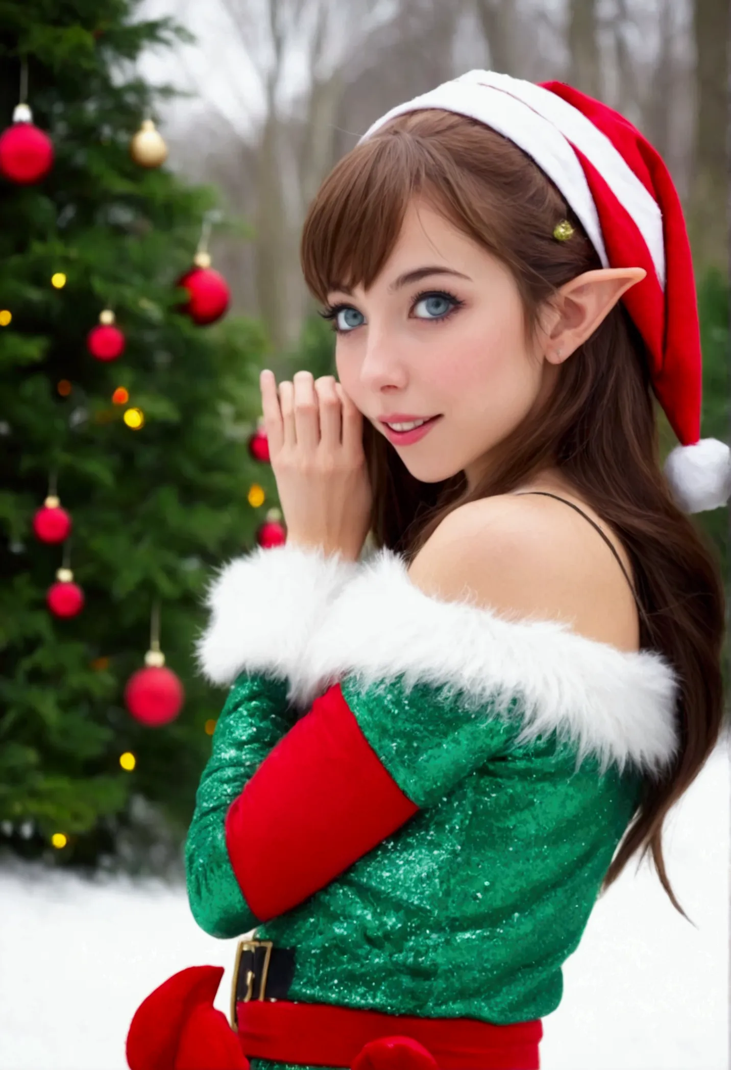 a cute woman (cute, age 25, gorgeous, sexy christmas elf outfit, friendly, pointy ears, large sparkling eyes) she is playing in ...