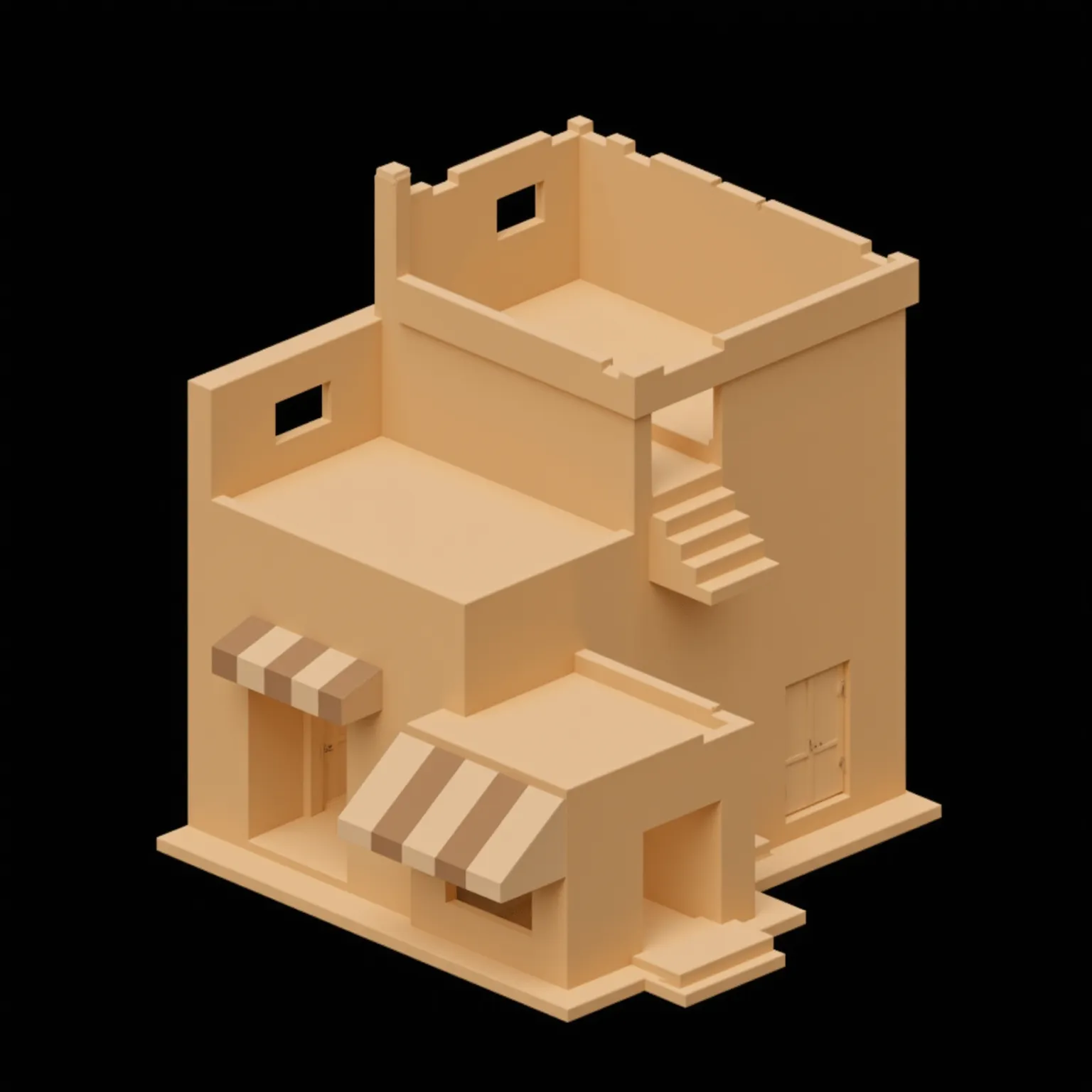 a true top-down, orthographic view of a highly simplified 3d model of three desert-style buildings in an extremely low-poly play...