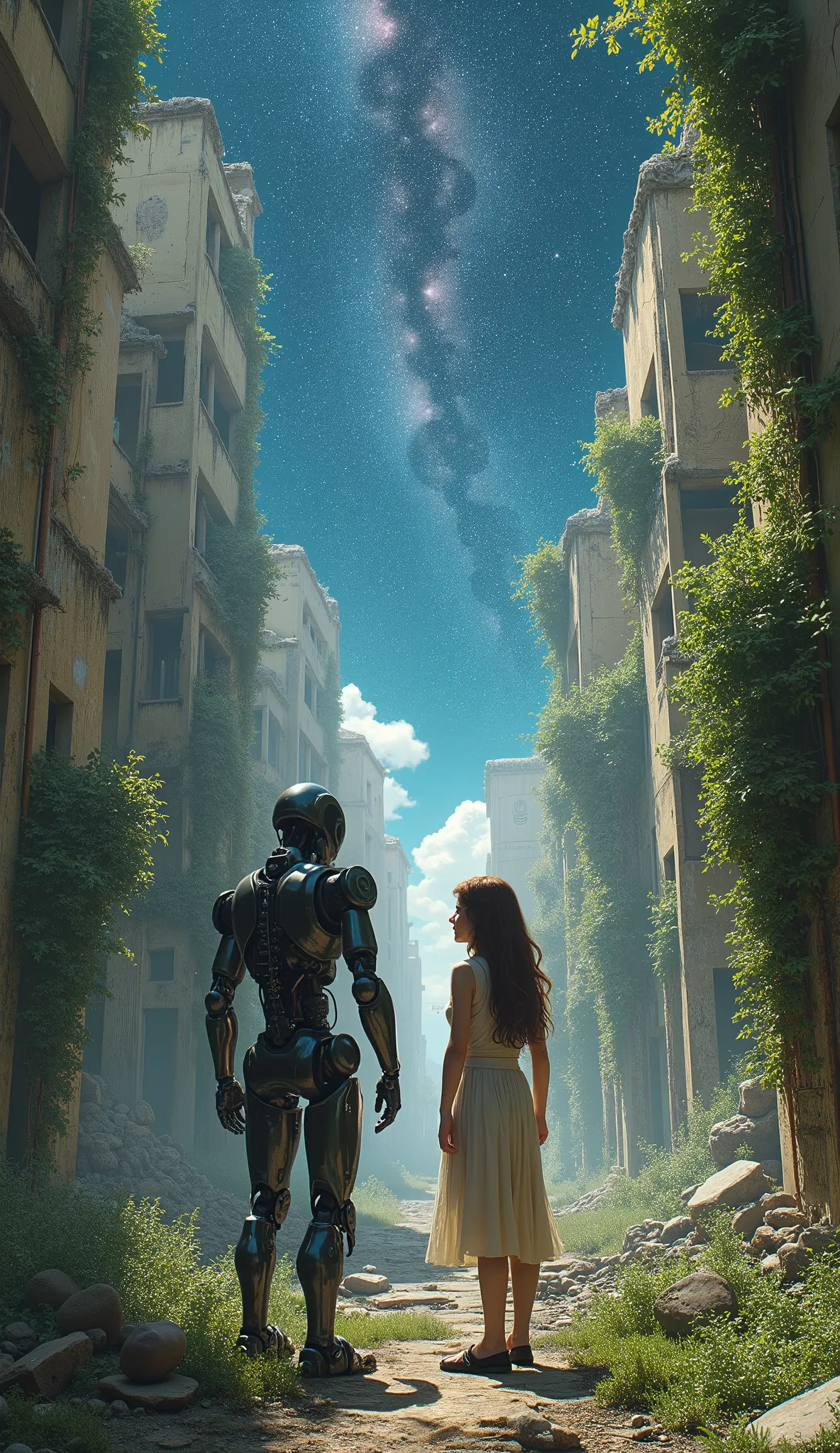 after world war, destroyed buildings, greenery on buildings, nature re growing, a robot and a human 18 year girl standing, milky...