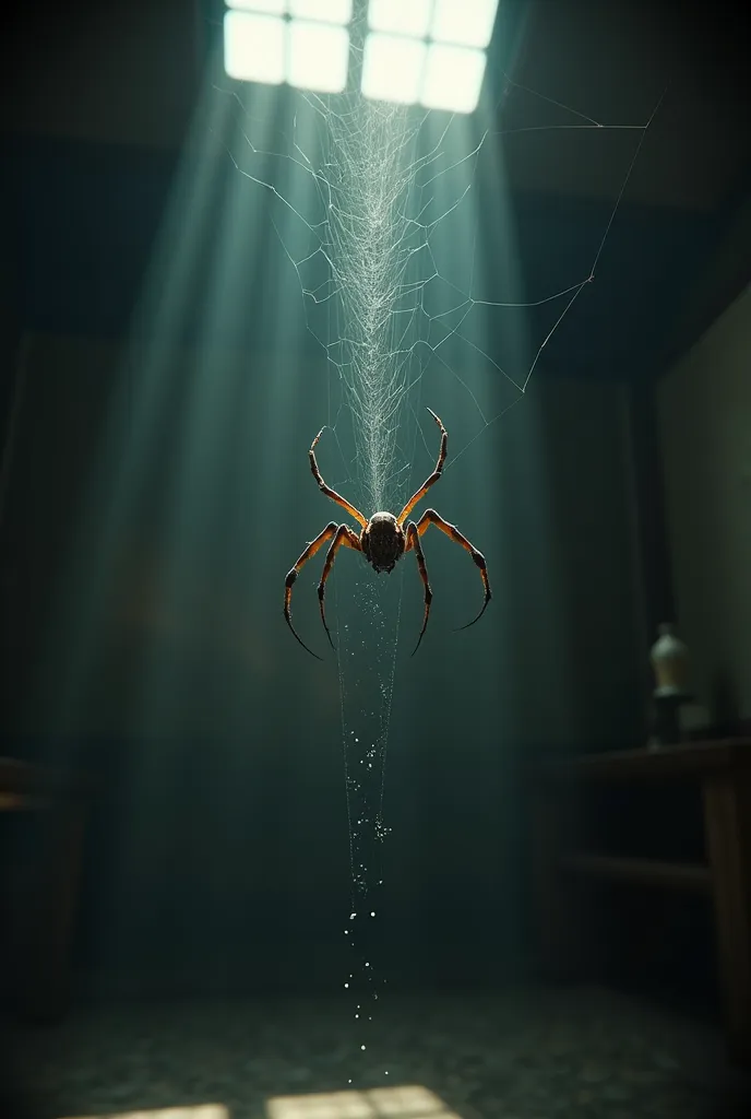 a spider climbing down its cobweb from the ceiling