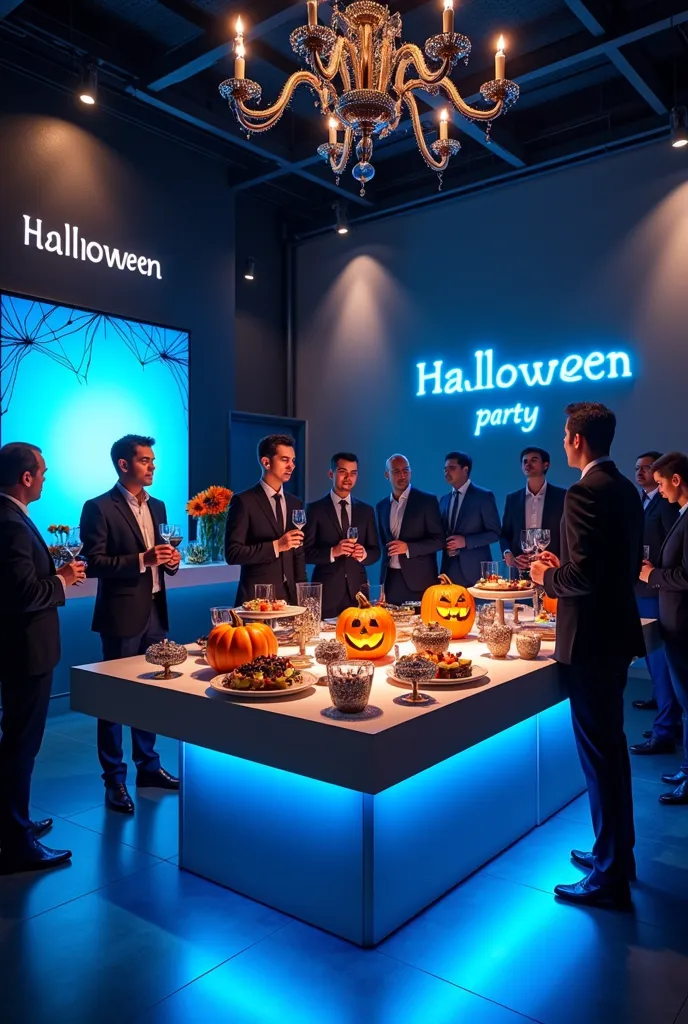 a hyperrealistic and sophisticated scene showing a corporate halloween party ,  set in a modern and elegant space .  the place i...