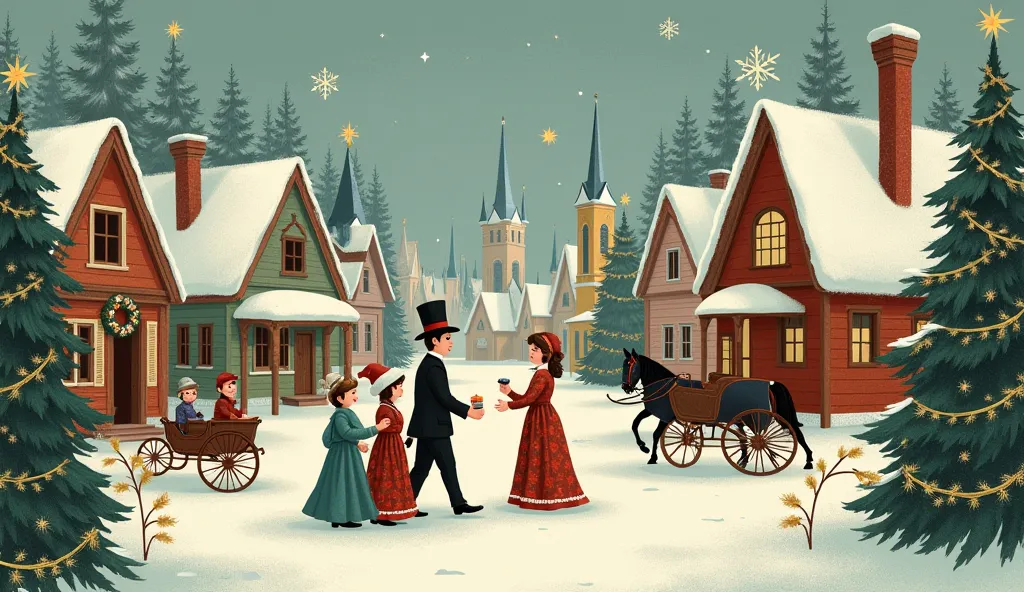 recreate illustrated victorian christmas cards, showing scenes from the time .​