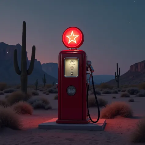 a single retro red gas pump, classic gas station design, centered in the composition, standing straight and facing forward. the ...