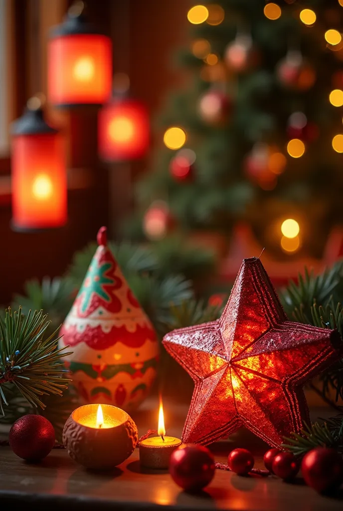 design an image for a traditional mexican christmas inn .  include festive elements such as star piñatas , lit candles,  paper l...