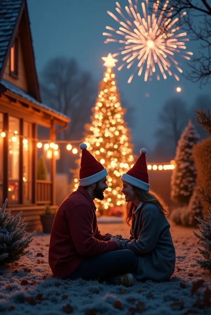 a young couple wearing christmas hats sitting talking outside a house with a garden on christmas eve with fireworks and a christ...