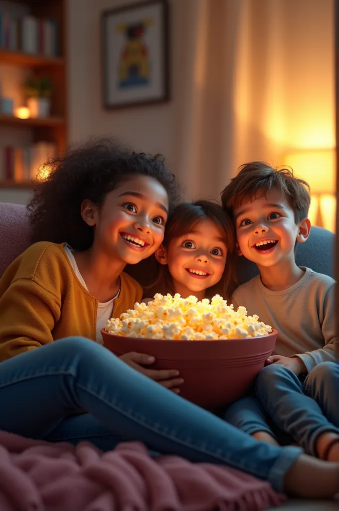 a family made up of mother ,  son and daughter all happy laughing eating popcorn and watching a series on the television