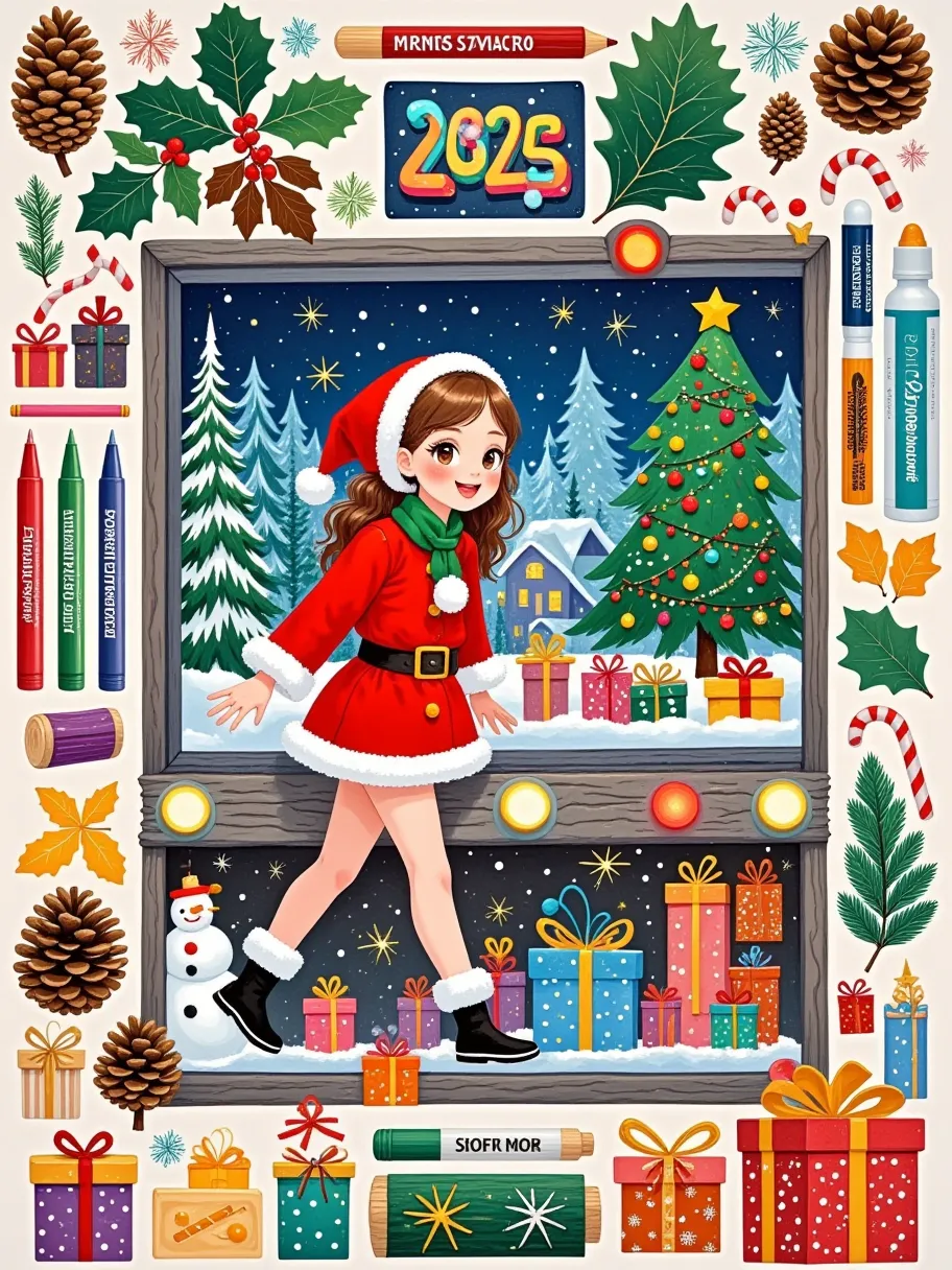 in a 3d cartoon game scene, a woman dressed in christmas attire, with a slim figure, immerses herself in a fun filled game room,...