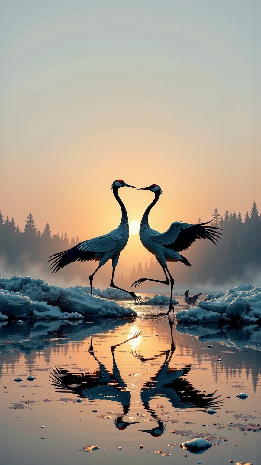 （masterpiece、 high quality 、 high image quality、８k、16k、 details）、 two majestic cranes dancing gracefully on an icy lake at dawn ...