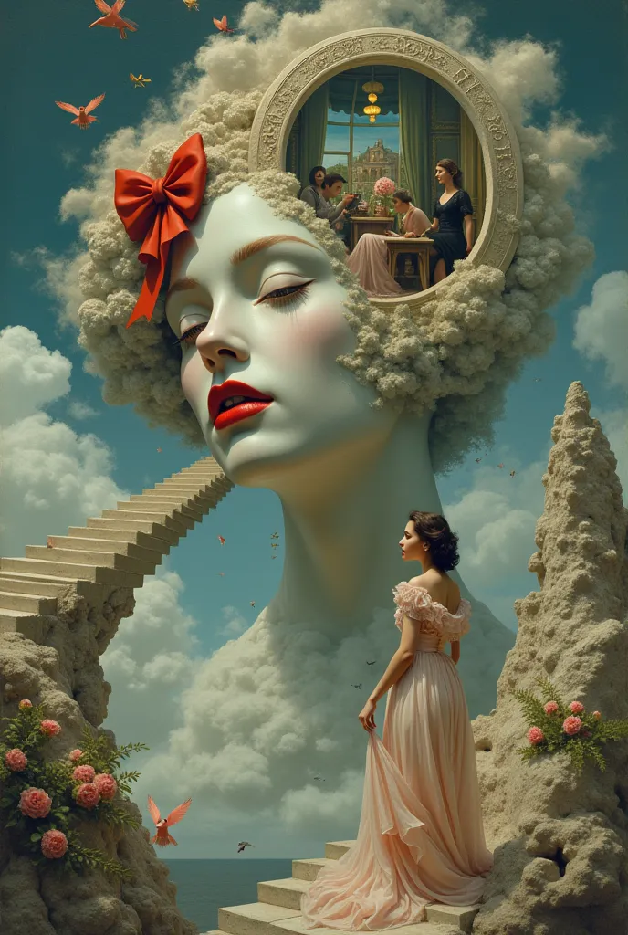 surrealism artwork, a woman in dress walking upstairs in the floating victorian staircase with flower, a victorian theatre stage...