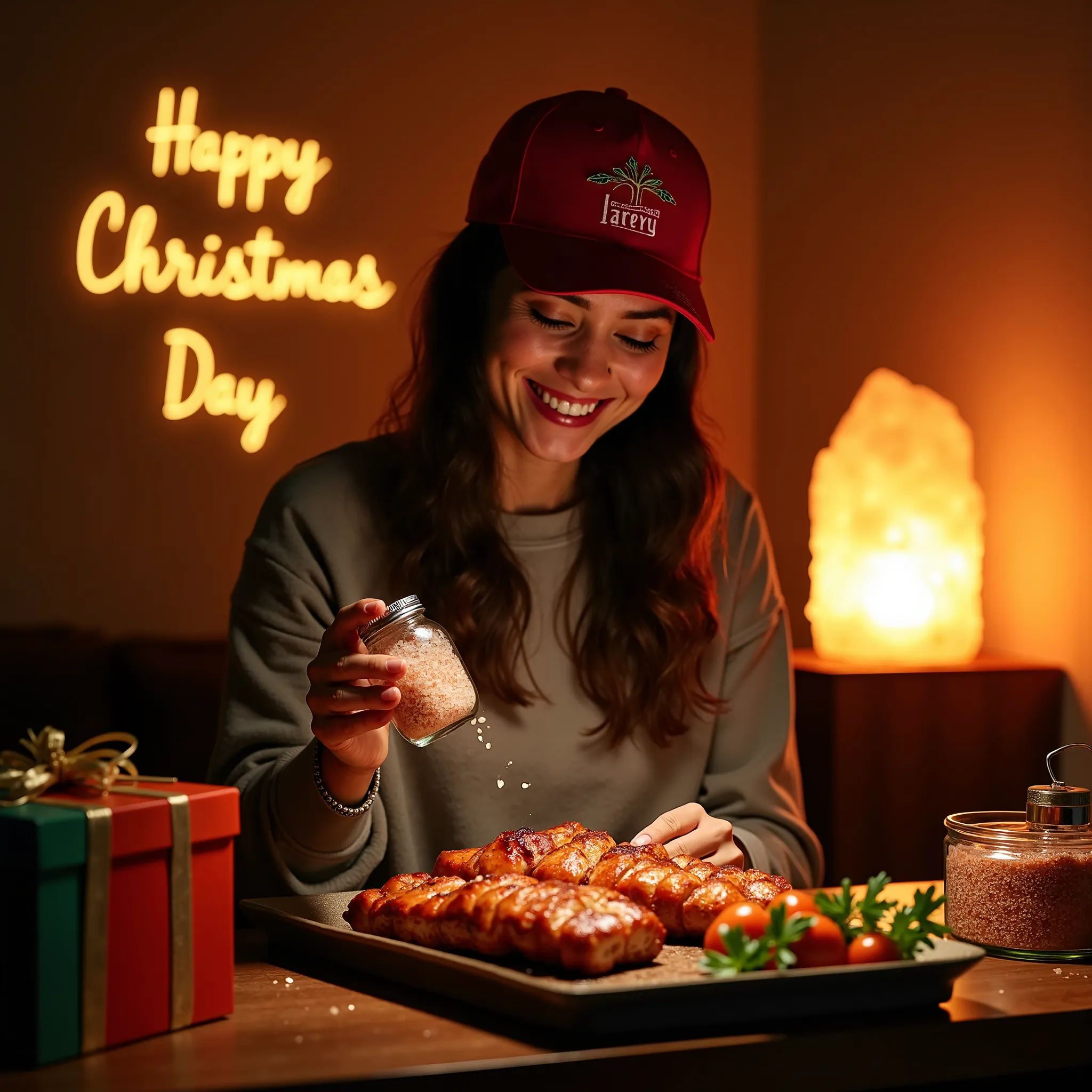 a 30-year-old woman smiling while adding himalayan salt to her barbecue/tikka meal. she is wearing a red cap, and there is a bot...