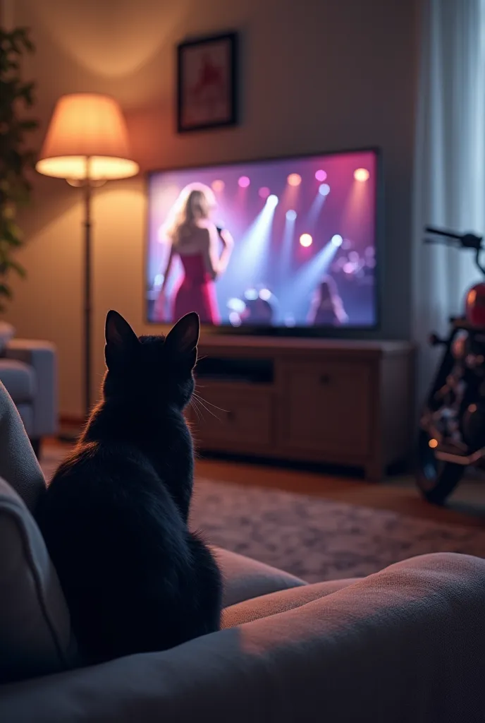 mi crei un'immagine di un gatto nero a casa sua seduto sul divano mentre guarda l'eras tour di taylor swift in tv. vicino al div...