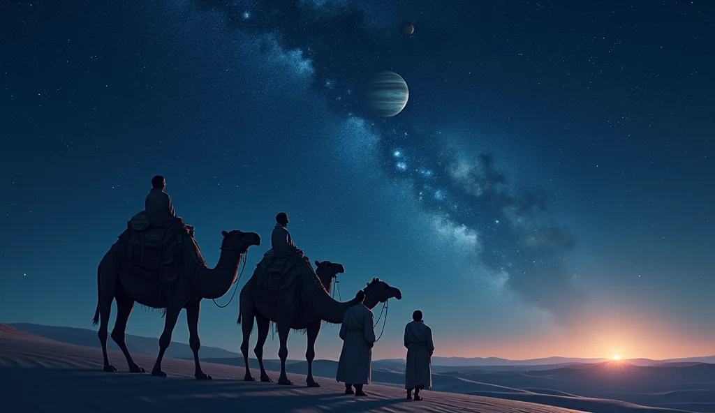 3 men in the middle of the desert of starry night with their camels, looking up at the sky at saturn and jupiter a starry sky in...