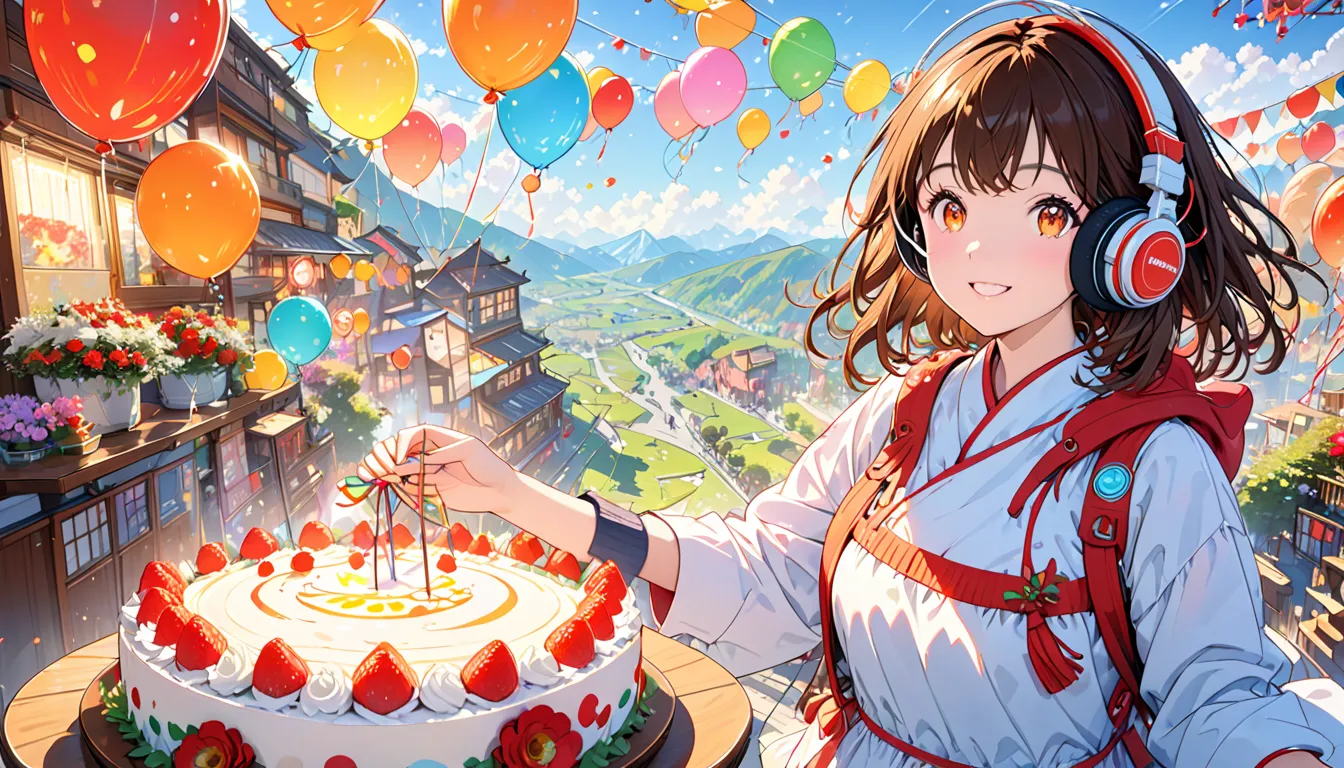 festive atmosphere, cake,colorful balloons, bright 部屋, smiling and happy ,( brown-haired girl with headphones ), (glowing:1.4), ...