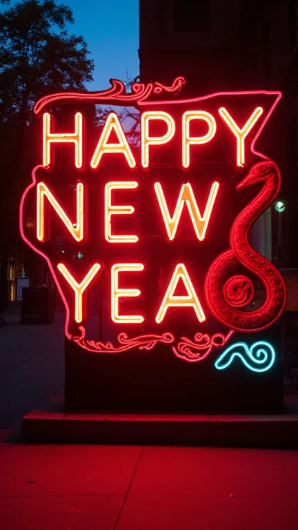 a neon sign with text "happy new year" and the symbol of wooden snake