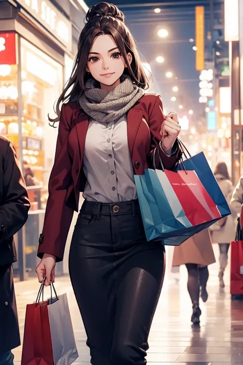 focus face,calm smile,shopping,wearing latest winter fashion