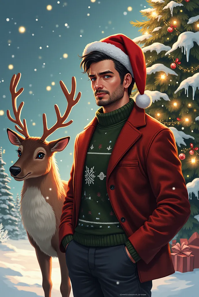 mature anime man , brown eyes ,  black hair , short hair ,barba canosa , christmas clothes ,reindeer , christmas tree