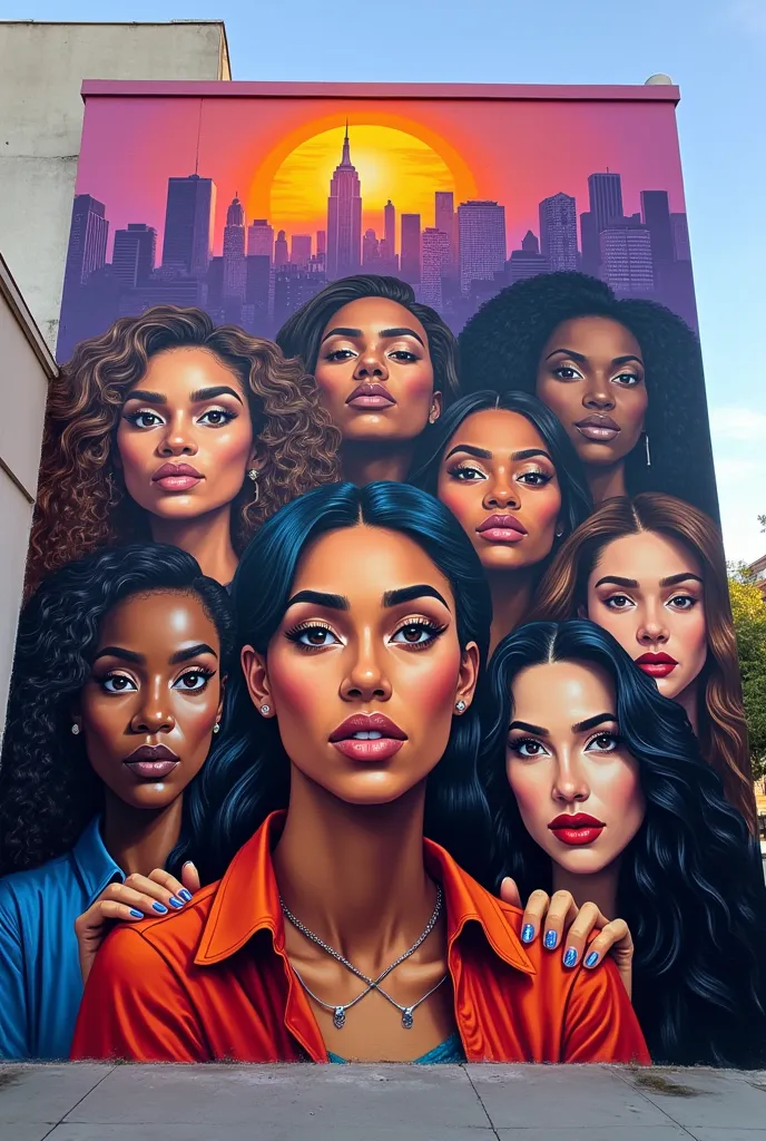 create a wall-shaped graffiti featuring women of all ethnicities and races,highlighting the silios ,  eyebrows and painted nails...