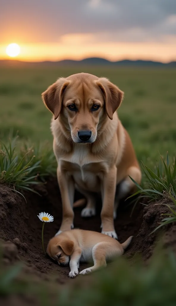 in a vast and silent field ,  under the soft light of dusk , an adult dog is standing seated with a deeply sad look,  fixed in a...