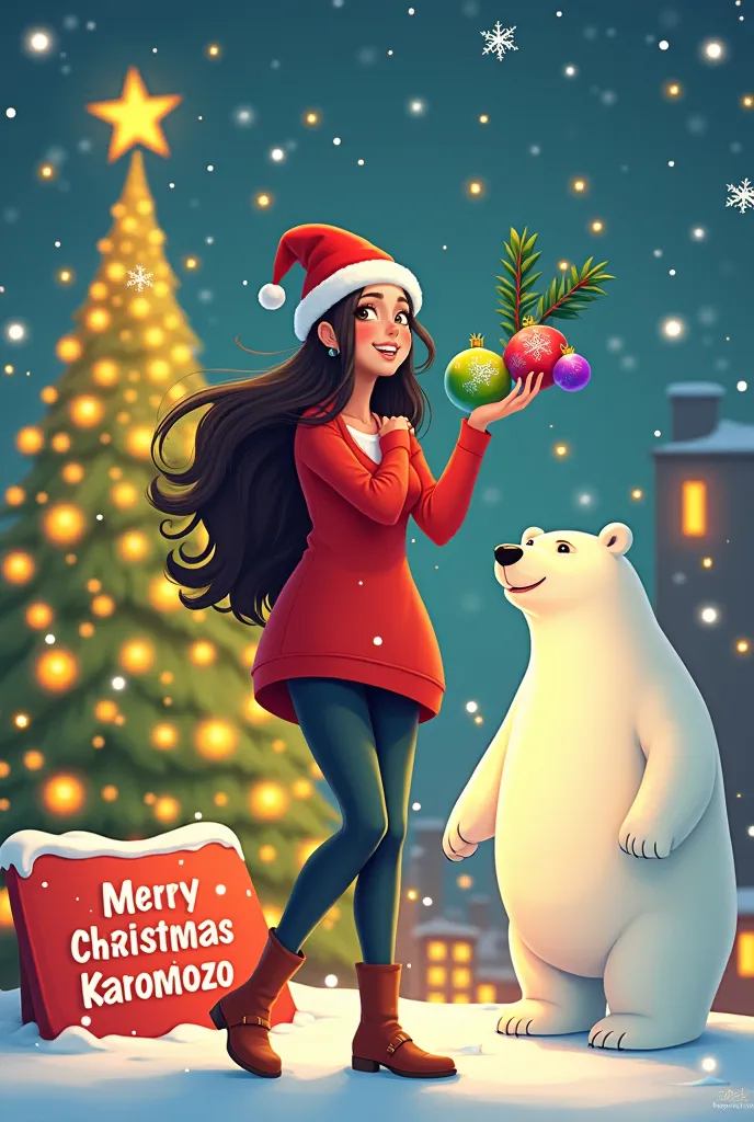 cartoon of a tall happy woman with long dark hair holding many christmas balls in one hand on her head she has a santa claus hat...