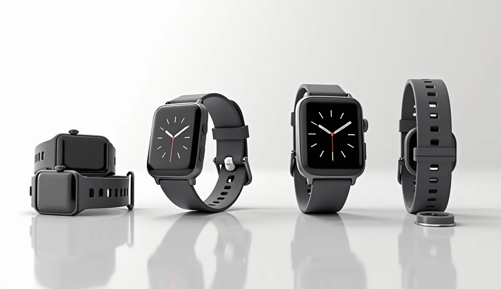 handheld smart watches , with a white background,  with different watch sockets, frontal, top and side