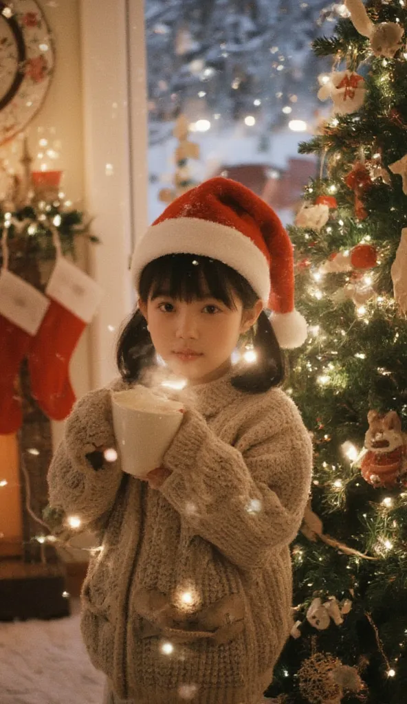 a cute girl surrounded by christmas decorations, standing near a beautifully lit christmas tree. she wears a cozy sweater, a san...