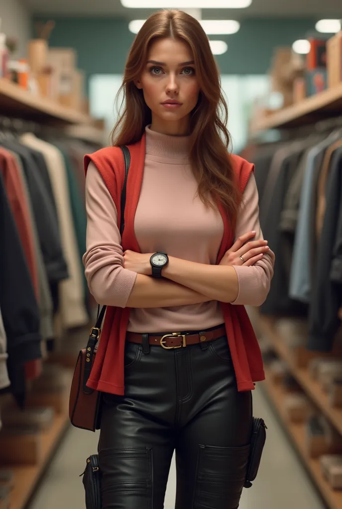 femme de 50 ans aux cheveux chatain longs coiffés en arrière. elle porte un pull col roulé rose clair, un gilet court sans manch...