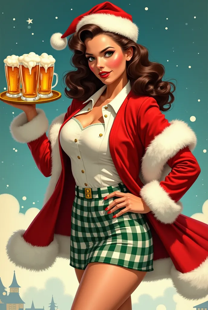 in the art style of wwii bomber nose art, a brunette, wearing a christmas outfit, holding a tray of 3 beers, santa hat, green an...