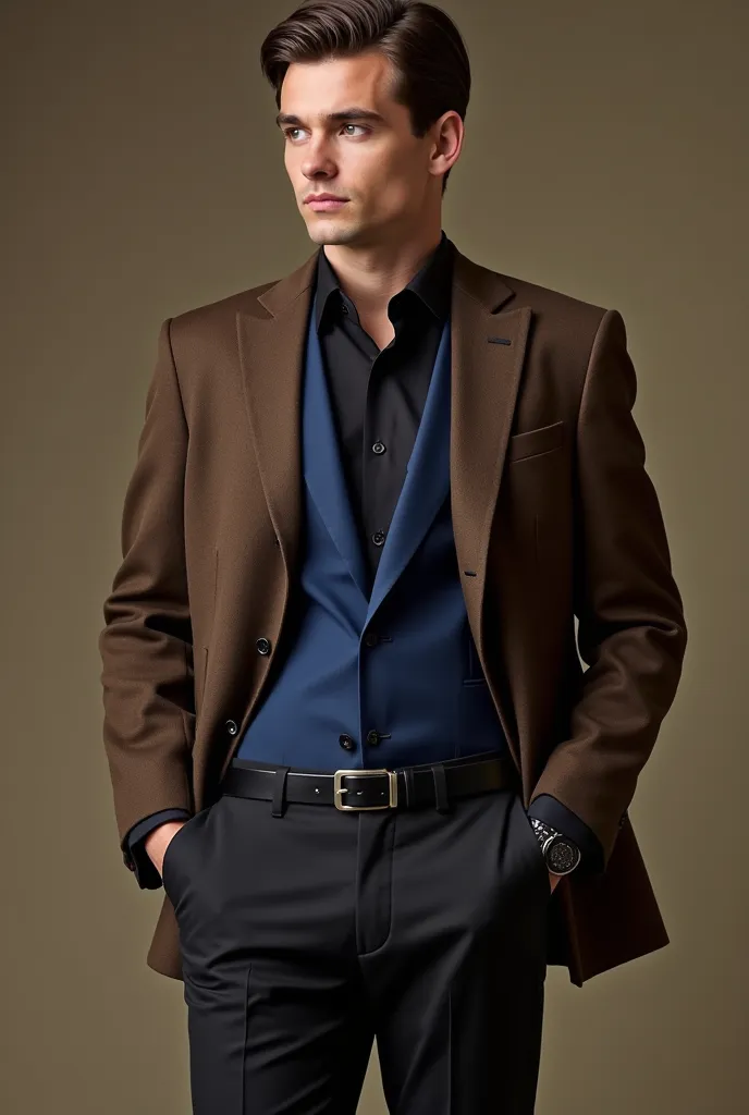 men's brown drake cut with black gabardine pants,  formal black silk shirt , blue blazer and black belt