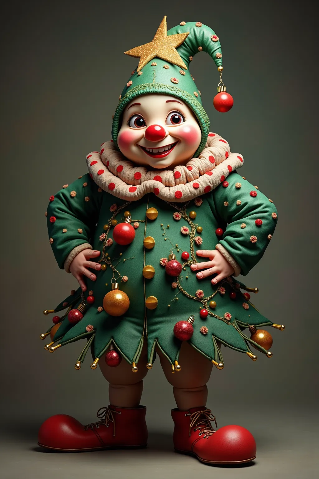 photorealistic portrait of dressed animals - a ((fat)) (squid) clown,(art by john william waterhouse:1.2),(christmas theme),(cut...