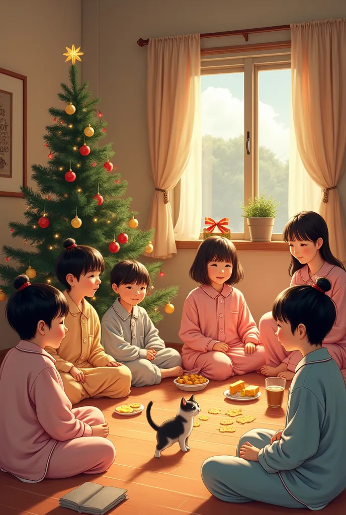 family christmas party at home, korean people, keep the christmas tree small, smaller, pajama party, cheese shrine ,  mackerel c...