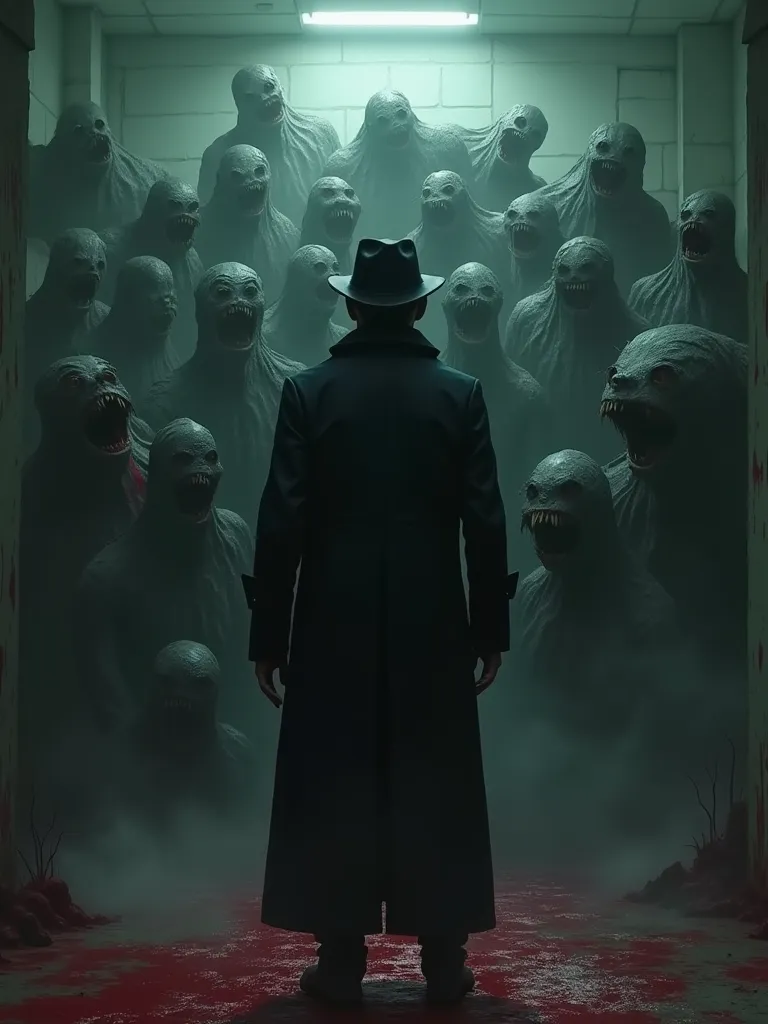 a man in a long black coat and leather hat is alone in a spooky hospital ward，behind him, there are a hundred horribly ugly mons...