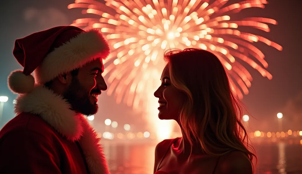 woman in sexy santa claus consume, with a handsome man. ((firework)), no background, spherical firework, complex and shining atm...