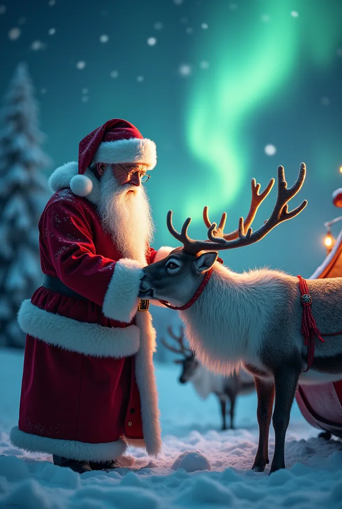 santa claus, at the north pole, caressing a reindeer while placing it in the sleigh, at night, with stars and northern lights, 8...