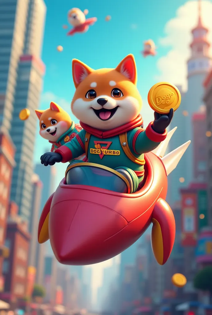 dogturbo shiba ,  in his little turbo rocket flying over a big city ,  he is wearing his space suit and it is written dogturbo o...