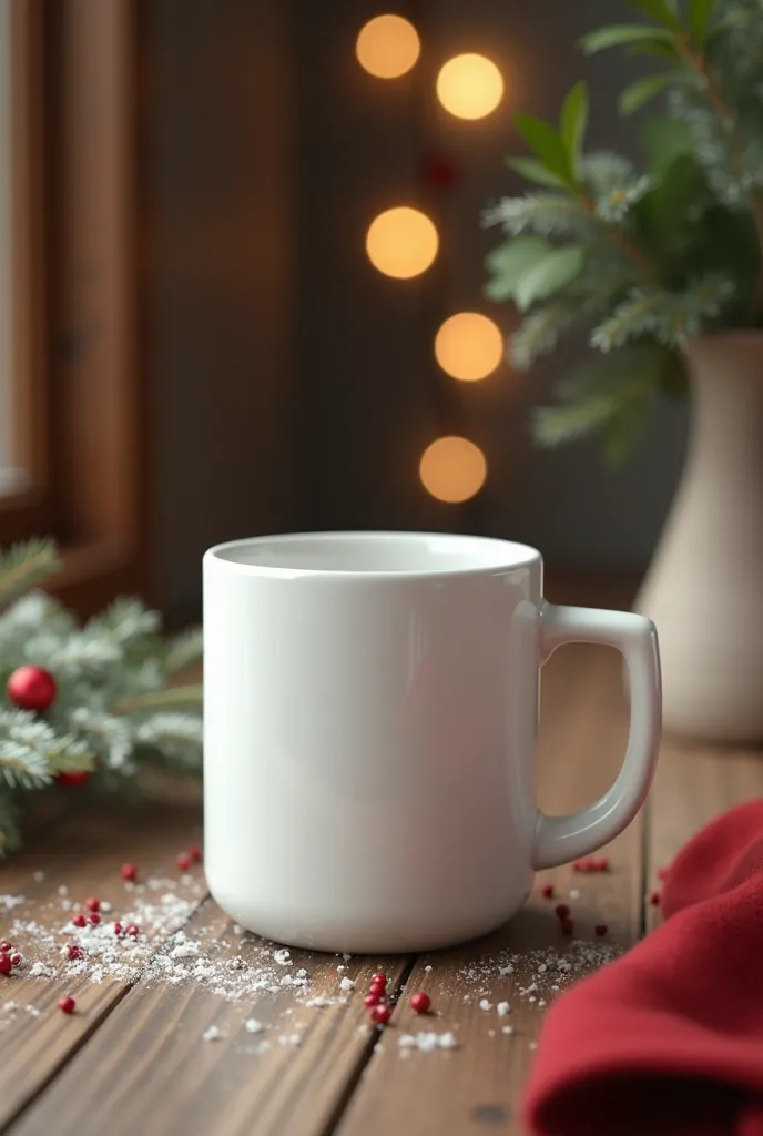 white cylindrical mug with a straight handle on the table. christmas atmosphere