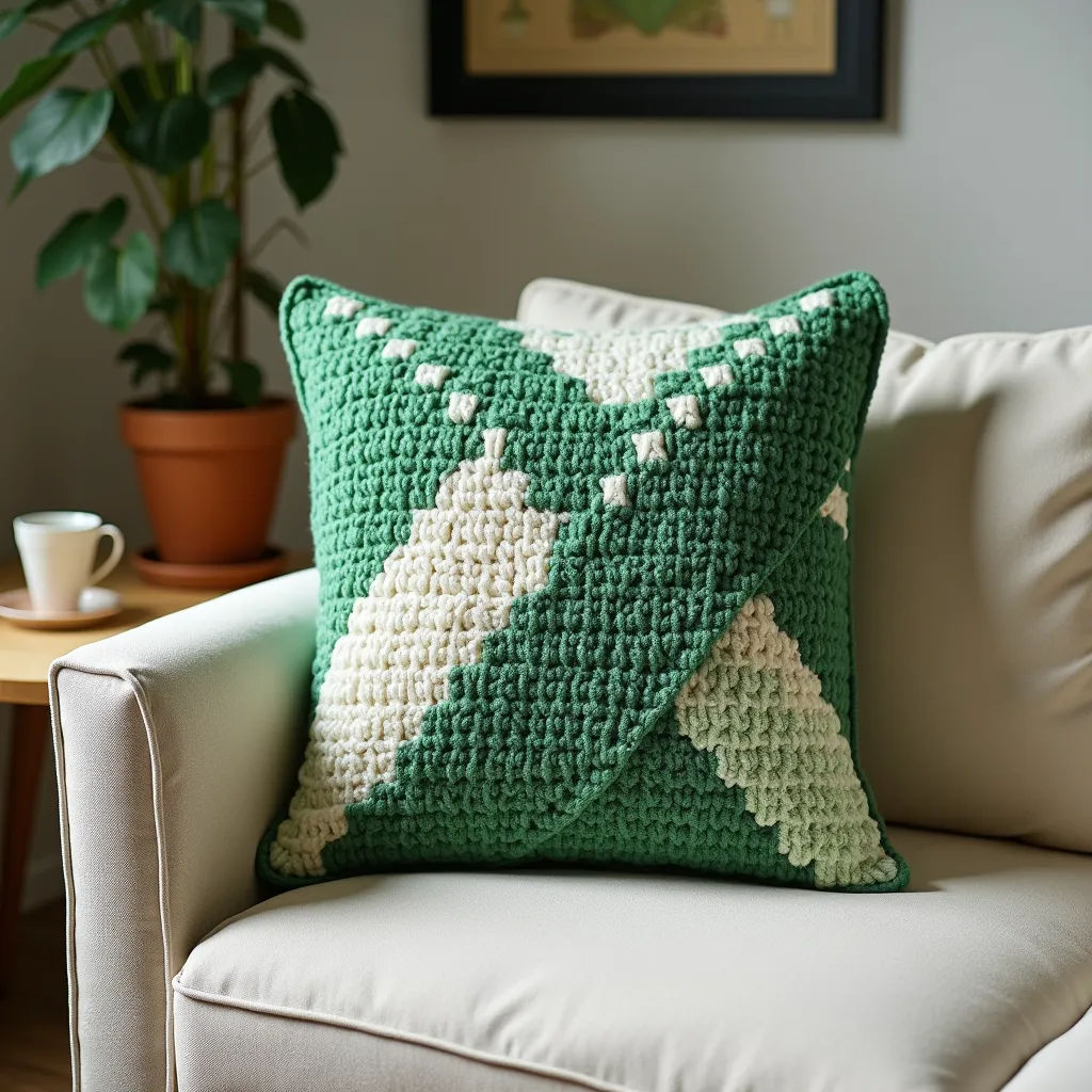 nice cushion design crochet with wool new design on wool cushion and separate design green white color full view pic room view z...