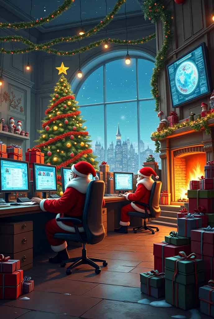 a santa claus gift delivery control room with christmas decoration with gifts with fireplace with christmas tree several people ...