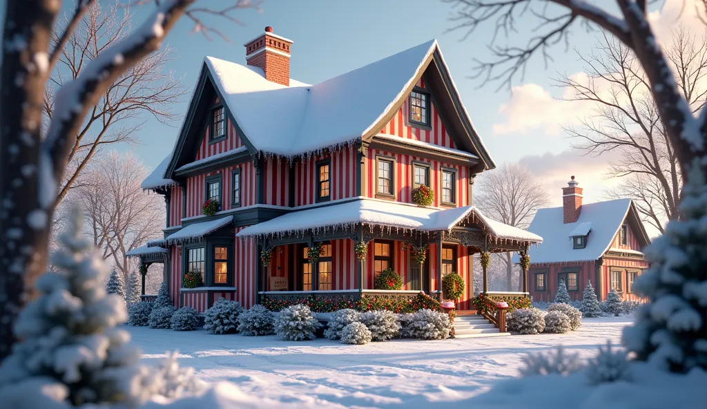 realistic house stripe at christmas with snow