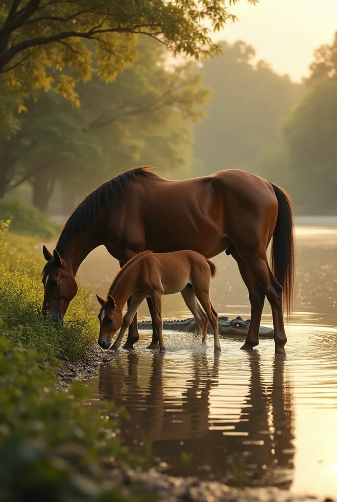 a serene riverbank stretched under the golden sunlight, where a mare and her playful foal grazed peacefully. the foal, curious a...