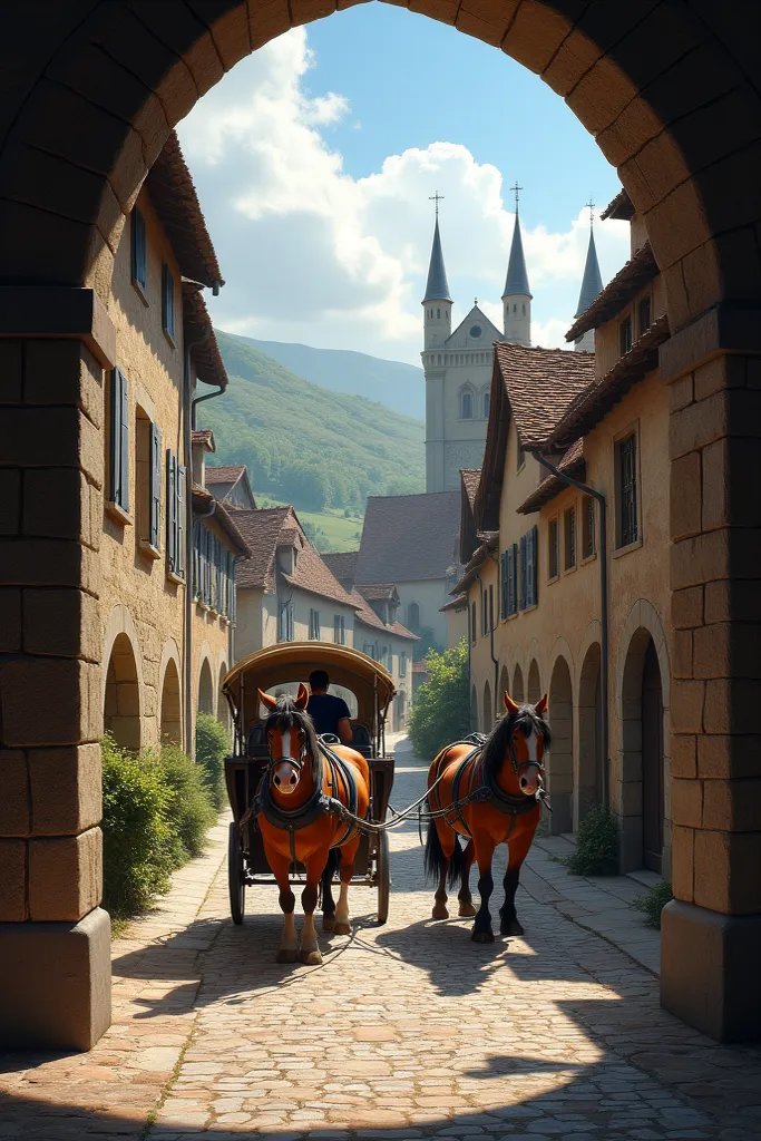 an aveyron village seen from a medieval window with horses pulling a horse-drawn carriage