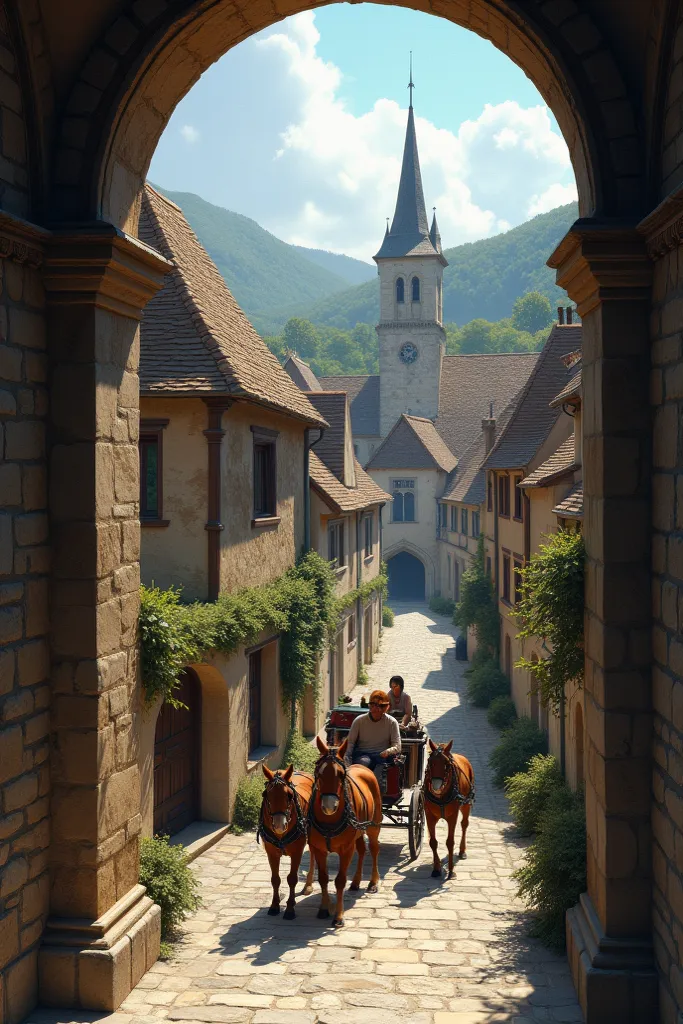 an aveyron village seen from a medieval window with horses pulling a horse-drawn carriage