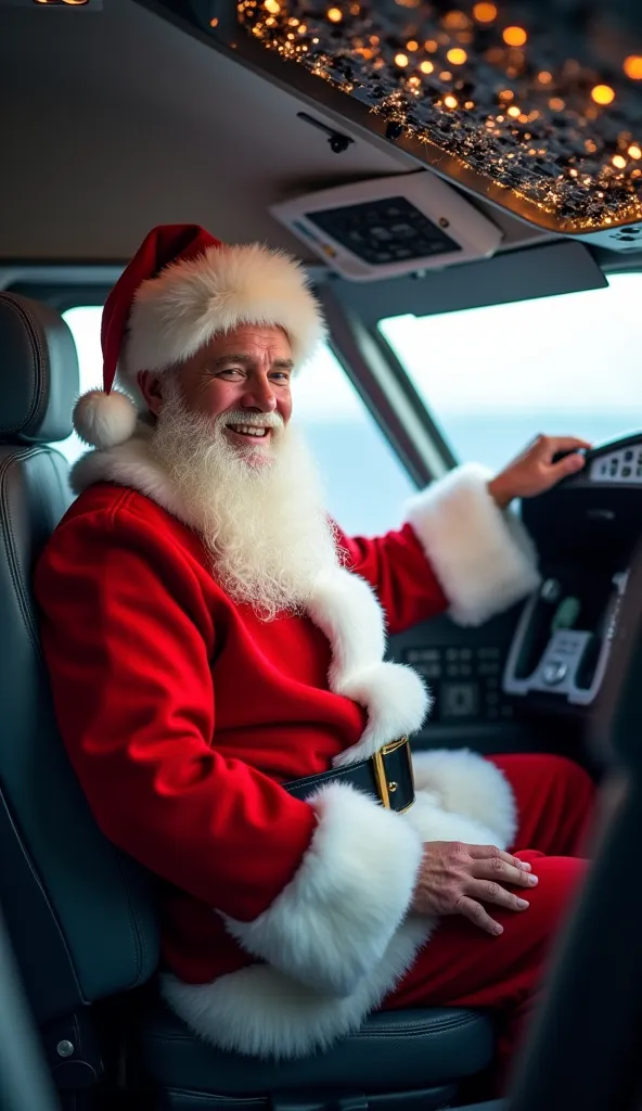 santa claus sitting in the pilot's seat of a boeing 737, dressed in his traditional red outfit and smiling, with the cockpit ins...