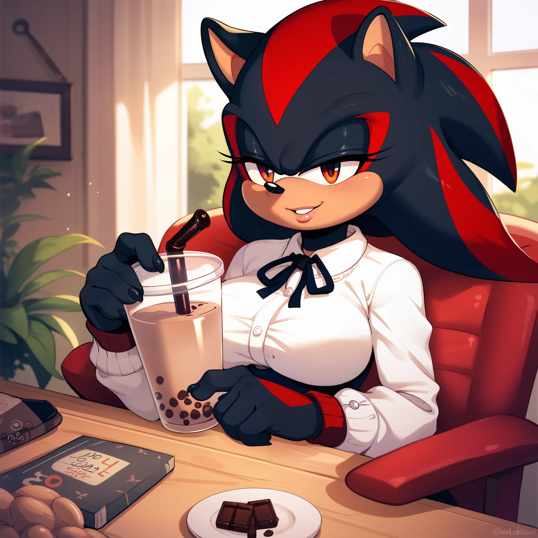 nfsw,female shadow the hedgehog,with a black body and medium sized breasts, dressed like a housewife, holding a glass of chocola...