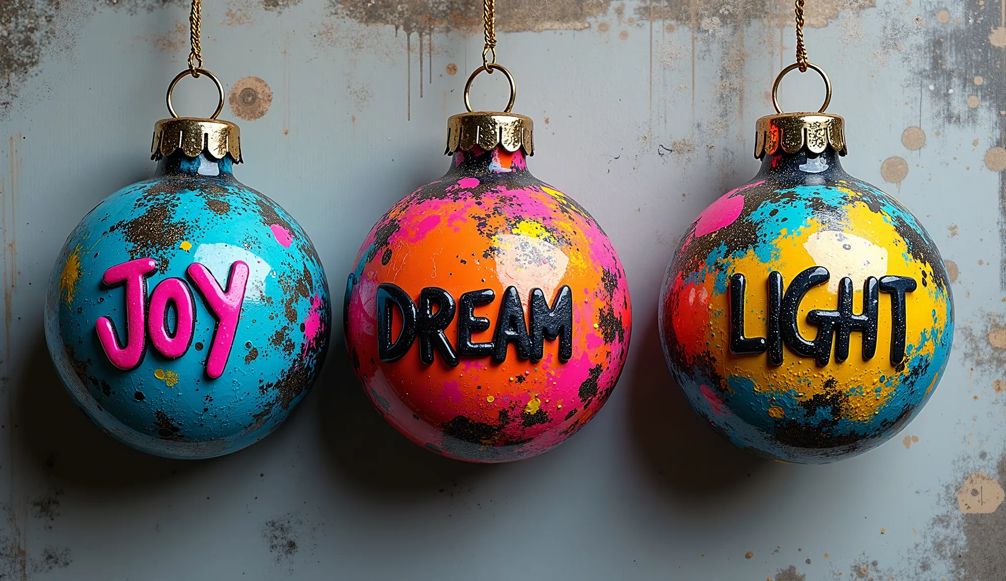 3d christmas ornaments designed with vivid spray-paint textures and graffiti-style words such as “joy,” “dream,” and “light.” ea...