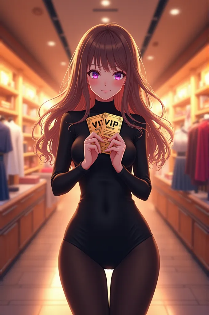 "anime-style girl with long brown hair, purple eyes, and a fitted black outfit, holding vip tickets. warmly lit shop background ...